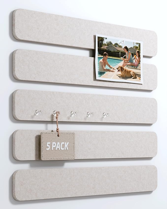 Fluxynara Cork Board Alternative Felt Strip Board 5-Pack 13"x2", Office Pin Board with 35 Push Pins, Adhesive Install for Bedroom Door & Home Office(Oatmeal)