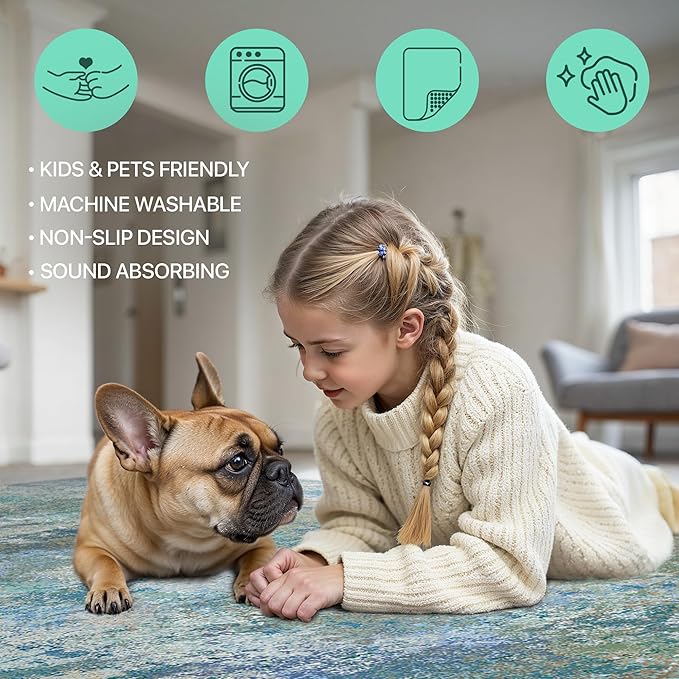 GENIMO Washable Rugs 10x14 Area Rugs for Living Room Bedroom, Modern Lightweight Rug Ultra Soft Indoor Area Rugs 10x14 for Dining Room, Low Pile Carpet with Non Slip Backing, Blue Green
