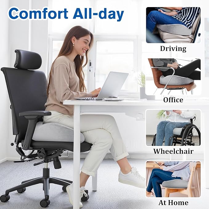 CushyOasis Seat Cushion, Chair Cushions, Office Chair Cushions, Anti-Slip Bottom & Removable Cover Tailbone Pain Relief Cushion, Memory Foam Seat Cushion for Office, Wheelchair, Car (Light Grey)