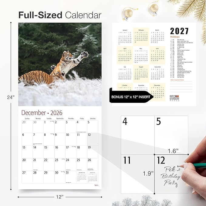 RED EMBER Tigers 2026 Wall Calendar 12 Month | 12" x 24" Open | Thick & Sturdy Paper | Holiday Gift | Big Cats Animal Calendar 2026