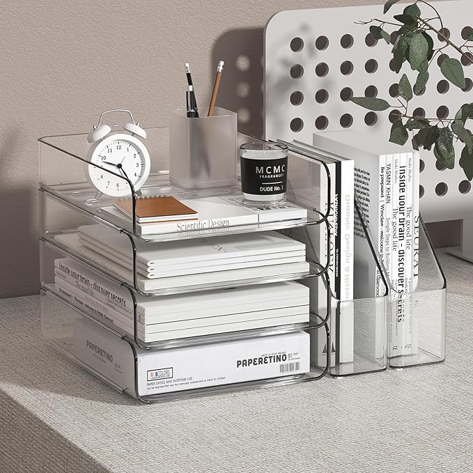 FANXIYQ 4-Tier Brown Acrylic Paper Tray Organizer for Desk + 2 Bookends – Stackable Letter Tray, Acrylic Desk Accessories/File Organizer, Office Paper Organizer