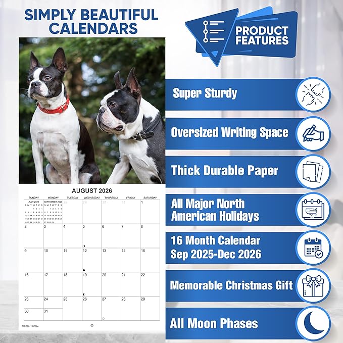 2026 Boston Terriers Monthly Wall Calendar | Dog Calendar September 2025- December 2026