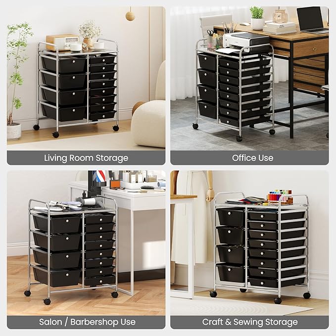 Giantex 12 Drawer Rolling Cart with Drawers, Storage Organizer Cart for Classroom Office School Teacher, Mobile Drawer Cart for Tools, Crafts, Small Printer, Black