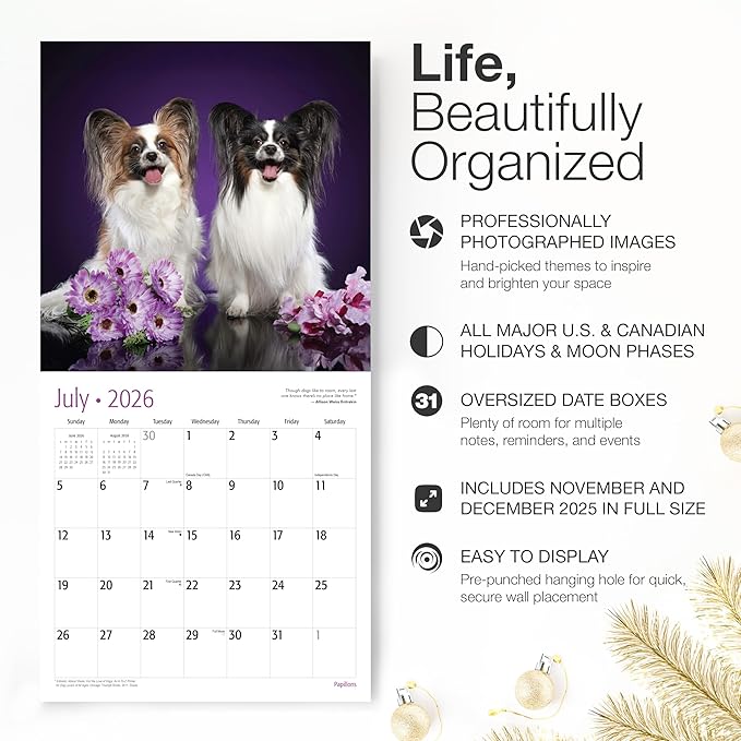 RED EMBER Papillons 2026 Wall Calendar 12 Month | 12" x 24" Open | Thick & Sturdy Paper | Holiday Gift | Cute Puppy Dog Calendar 2026