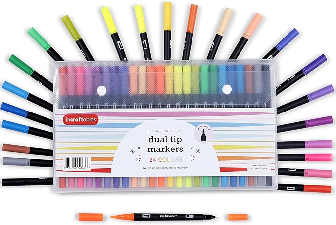 Incraftables Dual Tip Markers (24 Colors) – Adult Coloring, Brush Tip & Fine Tip Markers for Adult Coloring Books, No Bleed Dual Brush Pens