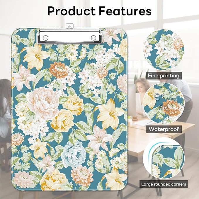 Luminzo Plastic Cute Clipboard Low-Profile Metal Clip, A4 Letter Size 9 x 12.5 in, 8.5 x 11 Paper Clip Board for Teachers, Nurses, Classroom,Blue Crushed Flower