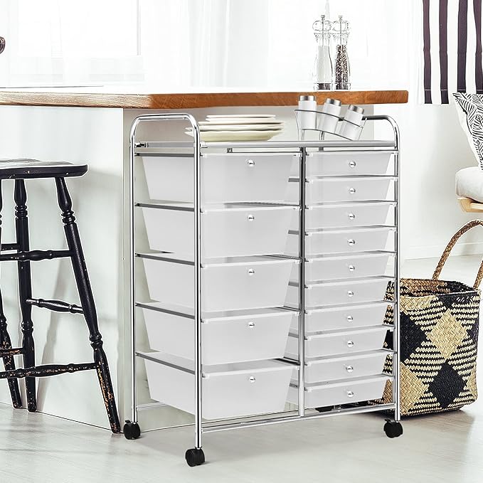 DORTALA 15-Drawer Rolling Storage Cart with Drawers, Rolling Utility Cart w/Removable Drawers & Universal Wheels, Tools Scrapbook Paper Organizer for School, Office, Home, Classroom (Clear)