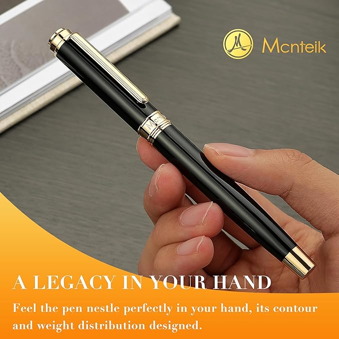 MCNTEIK 317 Fountain Pen,Stunning Luxury Piano Lacquer,18K Gilded Nib(Medium),Gorgeous 24K Gold Finish, Ink Converter,Trustworthy Gift for Men&Women-Elegant,Executive,Nice Pens for Writing, BK-M