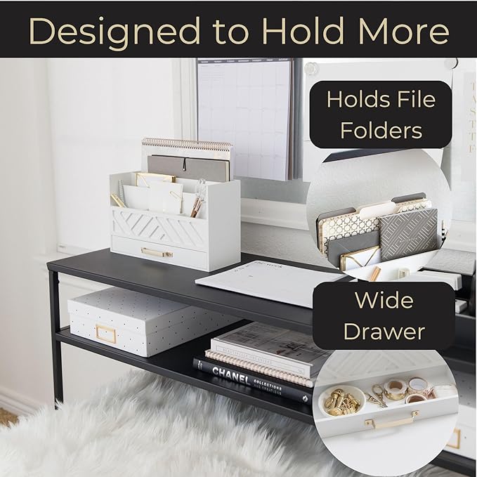 BLU MONACO White Wooden Mail Organizer With Drawer and Gold Handle | Desktop Storage for Home Office and Classroom | Multi-Section Letter Sorter | 4.6”D x 12.4”W x 7.5”H Tabletop Accessory Holder