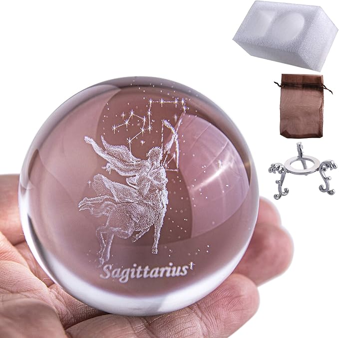 3D Laser Constellation Crytsal Ball Crystal Paperweight Full Sphere Glass Fengshui with Sliver-Plated Flowering Stand(Sagittarius)