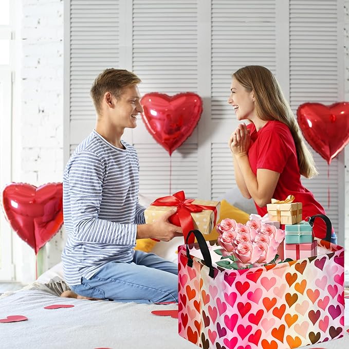 FUULOXE Rectangular Valentines Basket Storage Bin for Shelves Girls Gifts Baskets Foldable Box with Handles for Home Office Car Dormroom Valentine's Day Party Supplies