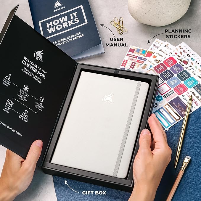 Clever Fox Ultimate Achiever’s Goal Planner - Focus & Productivity 90 Day Journal. Undated Daily Weekly Monthly Planner Organizer & Hourly Schedule Notebook - Hardcover, A5 Size, Pearl White