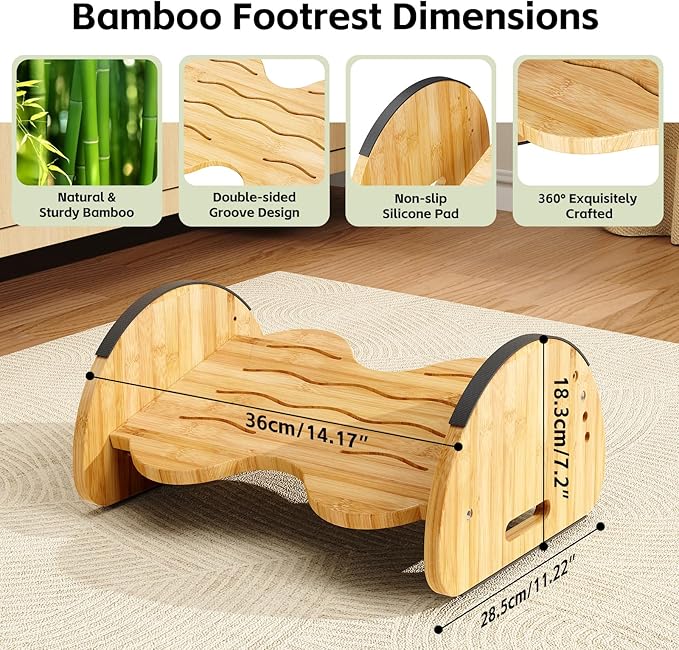 Ergonomic Under Desk Bamboo Footrest, 2-in-1 Reversible Rocking Footrest, 4 Adjustable Heights Office Footstool, Large Anti-Slip Surface, Improves Posture and Blood Circulation (Bamboo Footrest)