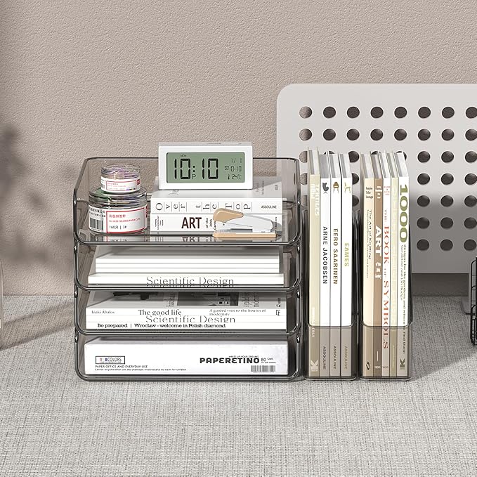FANXIYQ Acrylic Paper Organizer with Movable Bookends, 4-Tier Stackable Paper Tray for Desk, Brown Clear File & Letter Tray Organizer Office