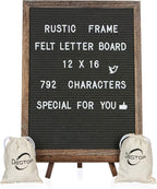 Felt Letter Board with Rustic Vintage Frame and Stand 12x16 inch,Grey Changeable Letter and Message Board Includes 792 Letters, Numbers and Symbols, Hook to Hang, 2 Canvas Bags
