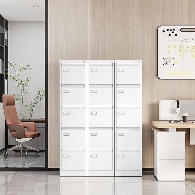 Fesbos File Cabinets - 5 Drawers Vertical 17.8" Deep Lockable Filing Cabinet - White Metal Storage Cabinets for Home Office to Hanging Files Letter/Legal/F4/A4 Size