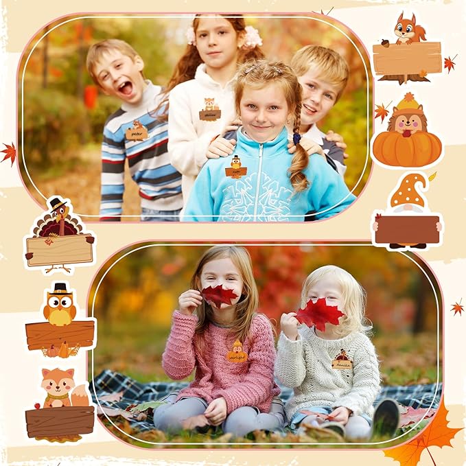 Henoyso 108 Pcs Fall Thanksgiving Themed Name Tags Labels Autumn Classroom Decorations Self Adhesive Baked Food Labels 5.12 x 4.72 Inches Turkey Pumpkin Desk Name Plate Autumn Party Favor