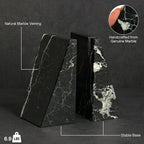Bey-Berk Whitney Zebra Marble Bookends (Black, Set of 2), 4" x 2.5" x 6" Heavy Wedge Book Ends for Desk, Shelf, or Office