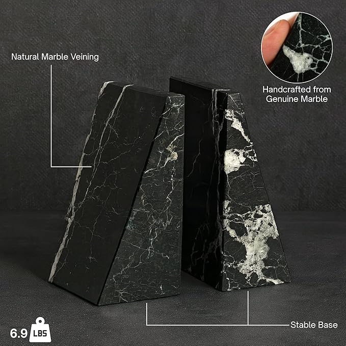 Bey-Berk Whitney Zebra Marble Bookends (Black, Set of 2), 4" x 2.5" x 6" Heavy Wedge Book Ends for Desk, Shelf, or Office