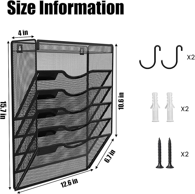 KZWKRG 6 Tier Wall File Organizer Hanging Vertical File Organizer, Wall Mounted Mail Paper Document Folder Holder, Mesh Magazine Rack Mail Document Organizer for Office School Home(Black)