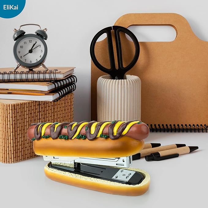 ELIKAI Hot Dog Stapler, Funny Gifts for Teachers and Principals, Unique Desk Accessory, Ideal Back-to-School Gift for Classroom or Teacher Lounge Decor, Includes 1000 Staples, Brown, 7 oz