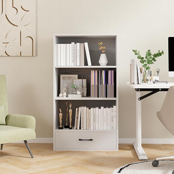 Tangkula 3 Tier Bookcase with Drawer, 42.5”Tall Freestanding Bookshelf with 3 Open Shelves & 1 Drawer, Anti-toppling Devices, Modern Display Storage Organizer for Home Office (White, 42.5" H)