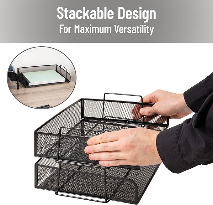 Mind Reader Stackable Paper Tray, Desktop Organizer, File Storage, Office, Metal Mesh, 13.25" L x 9.75" W x 6.25" H, 2 Pcs., Black