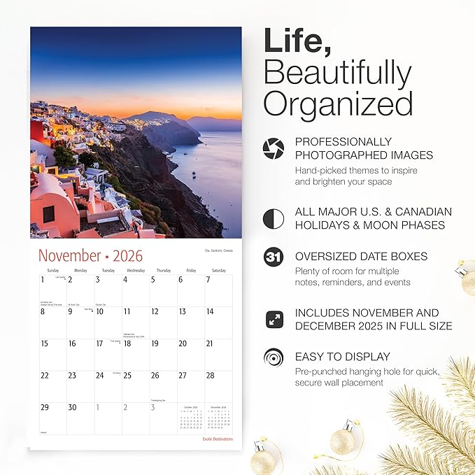 RED EMBER Exotic Destinations 2026 Wall Calendar 12 Month | 12" x 24" Open | Thick & Sturdy Paper | Holiday Gift | World Travel Calendar 2026