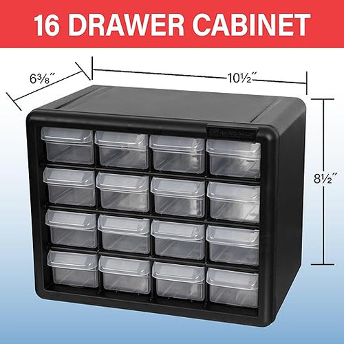 Akro-Mils 16-Drawer Plastic Drawer Storage Cabinet for Garage Organization, Beads, Makeup Organizer, Building Bricks Storage, Teacher Toolbox, 10-1/2" W x 6-1/2" D x 8-1/2" H, 10116 White