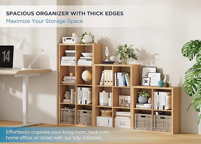 Jpiziso 8 Cube Storage Organizer, Cube Shelf with Heavy-Duty Thick Boards, 25.12" L x 9.37" W x 48.74" H, Smooth Easy-Clean Panels, Simple Assembly, for Living Room Bedroom Office, Natural-Oak