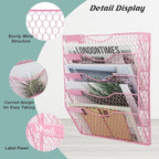 EASEPRES Mail Organizer Wall Mount Hanging File Holder Storage, Metal Chicken Wire Magazine Rack 5 Tier, Pink