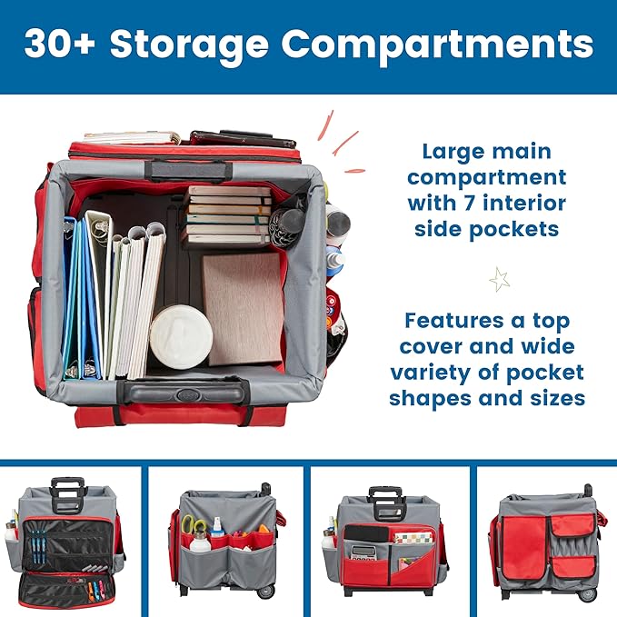 ECR4Kids Universal Rolling Cart with Canvas Organizer Bag, Mobile Storage, Red/Grey