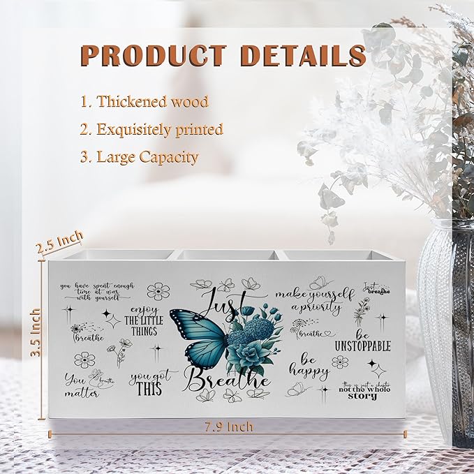 Exqcom Just Breathe Inspirational Pen Pencil Holder, Therapy Office Decor, Teal Butterfly Flower Mental Health Pencil Pen Holder Organizer for Home Counseling Office Desk Accessories