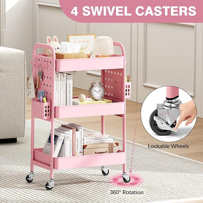 KINGRACK 3 Tier Rolling Cart with DIY Hanging Board, Metal Rolling Utility Cart with Wheels Handles Baskets Hooks, Rolling Storage Cart Suitable for Bathroom, Kitchen, Office, Nursery Diaper (Pink)