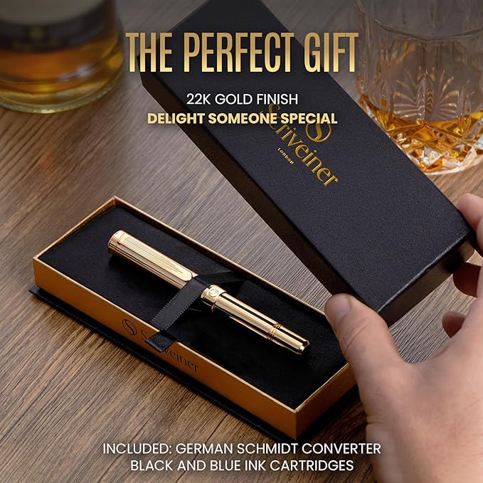 Scriveiner Gold Luxury Fountain Pen (Fine) - Award Winning - Heavy Pocket Stunning Luxury Pen, Real Gold Plating, German Nib & Converter, Nice Gift Pens for Men & Women