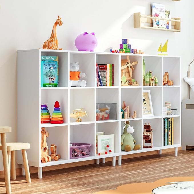 Chyanmoo Wood Cube Storage Organizer White Bookshelf - 3-Tier Freestanding Storage Cabinet with Legs for Home Office, 9-Cubes Open Shelf