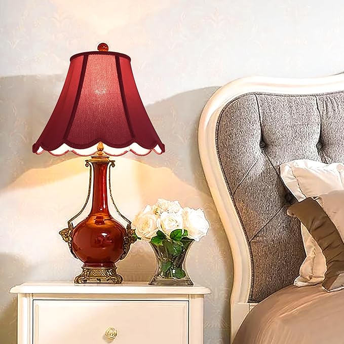 GOSO Scallop Burgundy Lamp Shades Set of 2 Medium Red, Bell Lamp Shade for Table Lamp,Floor Lamps Replac Braids with Petal Edges, 6×13×9.8 Inch Spider Easy Assembly Art Decor Shades for Bedroom