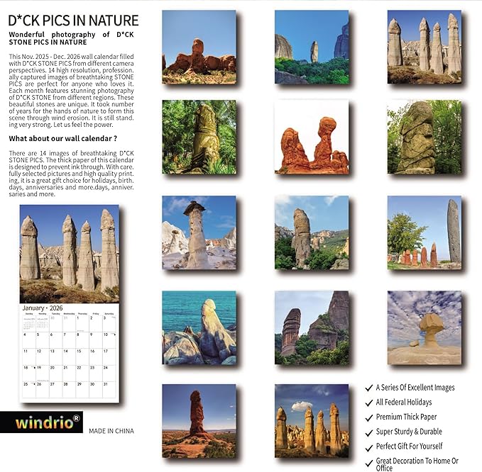 Gag Gifts 2026 Funny Wall Calendar, Natures Calendar for White Elephant Gifts with Thick Paper, November 2025 - December 2026, 14 Monthly Planner Organizer with Nature D'ck Pics, 12" x 24" Opened