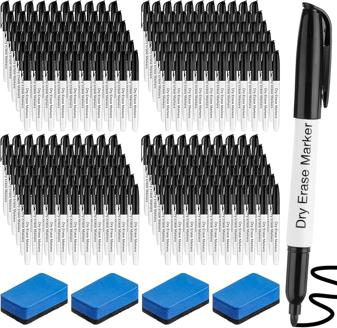 Thenshop 200 Pack Dry Erase Markers Bulk with 4 Magnetic Erasers Fine Tip Dry Erase Markers Whiteboard Pens Bulk for Office Supplies(Black)