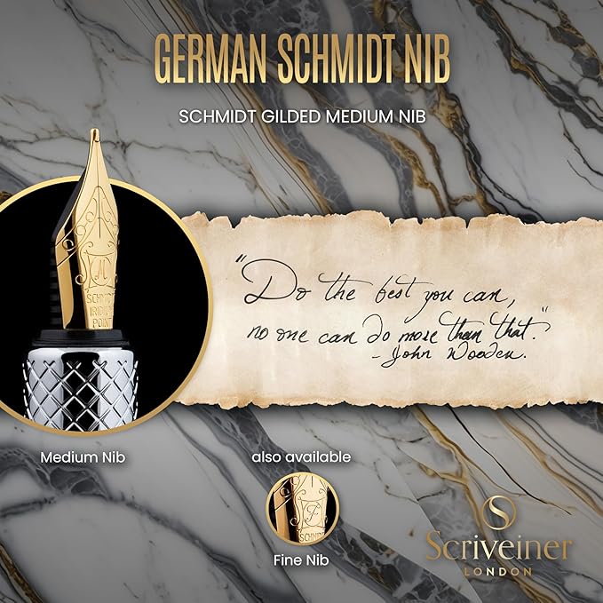 Scriveiner Luxury EDC Fountain Pen (Medium), Stunning Silver Chrome Luxury Pen, Real Gold Plating, Schmidt German Nib, Converter, Writing Gift Set for Men & Women, Nice Fancy Office Designer Pen