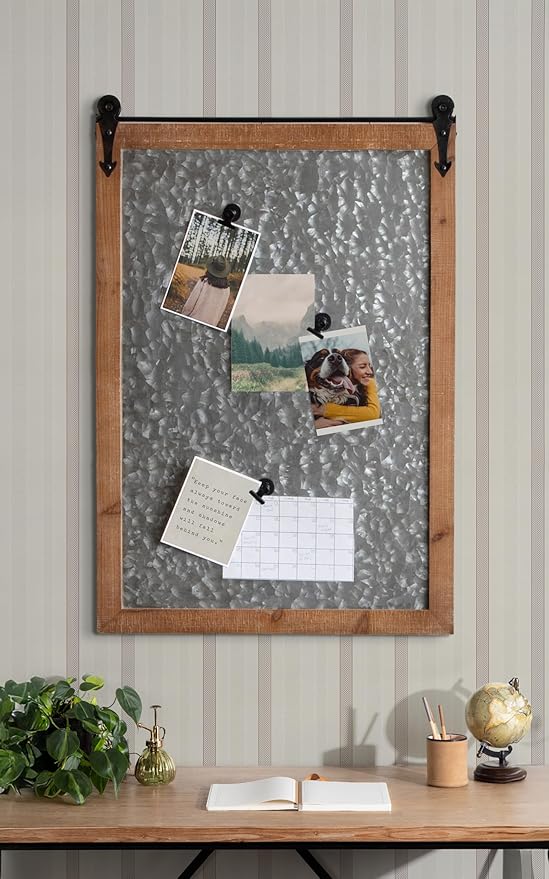 Kate and Laurel Cates Modern Farmhouse Barn Door Wood Framed Galvanized Metal Magnetic Memo Board, Rustic Brown