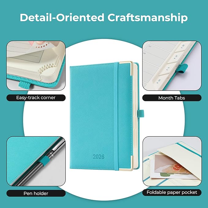 IN-LUXPRO Daily Planner 2026 with One Page Per Day,(A5-8.5" x 5.9"),12 Months Calendar Hourly Appointment Book Monthly Tabs & Self-adhesive Pen Holder,Inner Pocket, Vegan Leather Hardback,Light Blue