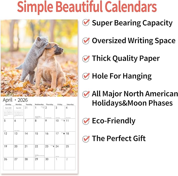 2026 Wall Calendar,Calendar 2026, November 2025 - December 2026, Wall Calendar Kittens and Puppies, 12" x 24" Opened,Full Page Months Thick & Sturdy Paper for Calendar Organizing & Planning