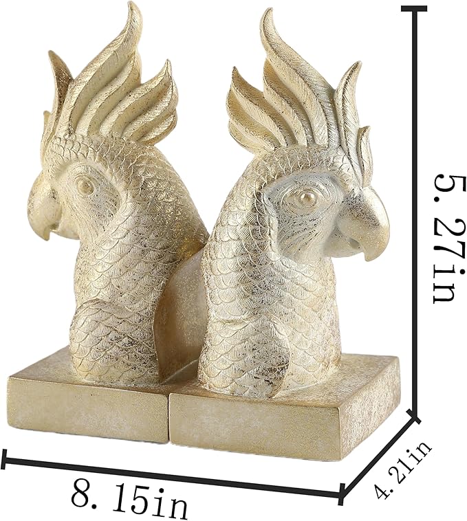JOOMBE Golden Parrot Decorative Bookends,Set of 2 Cute Bird Animal Sculpture Book Ends to Hold Hevay Duty Books,Unique Resin Statues Book Stopper for Home Office Desk Bookshelf Decor