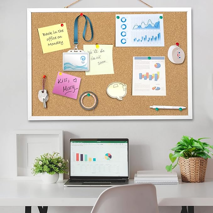 FEBSNOW Cork Board Bulletin Board 23 x 15.7 Inches with Rectangle White Frame Hanging Pin for Walls Office Message Board or Vision Board Decoration