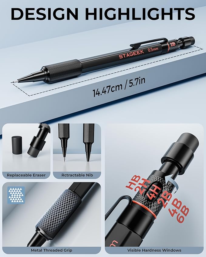 STAGEEK Mechanical Pencils 0.5 with Case, Metal Weatherproof Body Outdoor Artist Mechanical Pencil with 120 PCS HB & 2B Lead Refills, Eraser, for Writing Drafting Drawing and Sketching