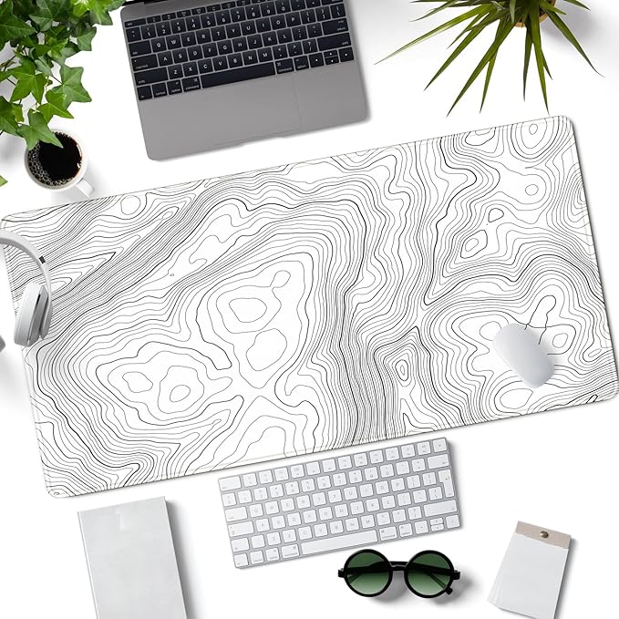 Mechanical Cattle Desk Mat Large Gaming White Mouse Pad Minimalist Topographic Map Desk Mat Extended XL Mousepad 31.5x15.7 in Anti-Slip Desk Pad Keyboard Mousepad Stitched Edges Large Mouse Pad Grey