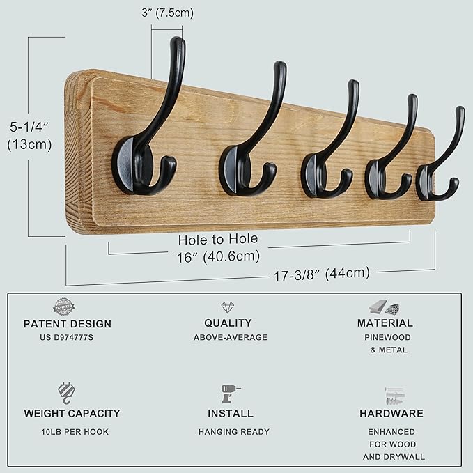 Dseap Coat Rack Wall: Patented, Heavy-Duty, 5-Double-Hooks Wooden Wall Mounted Coat Rack Coat Hanger Hook Rail for Winter Coats Hat Jacket Clothing, White & Black, Pack of 2