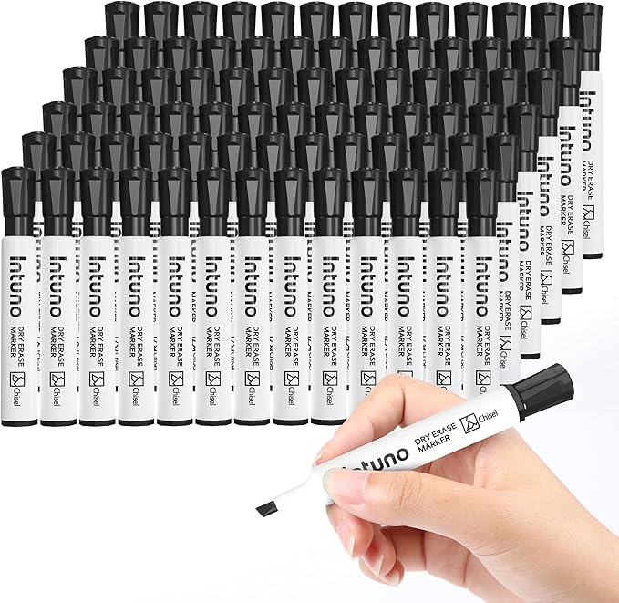INTUNO Dry Erase Markers, 96 Count Black, Chisel tip, Low-Odor, Perfect for Office, Teaching, Meeting, Presentation, Classroom, Home