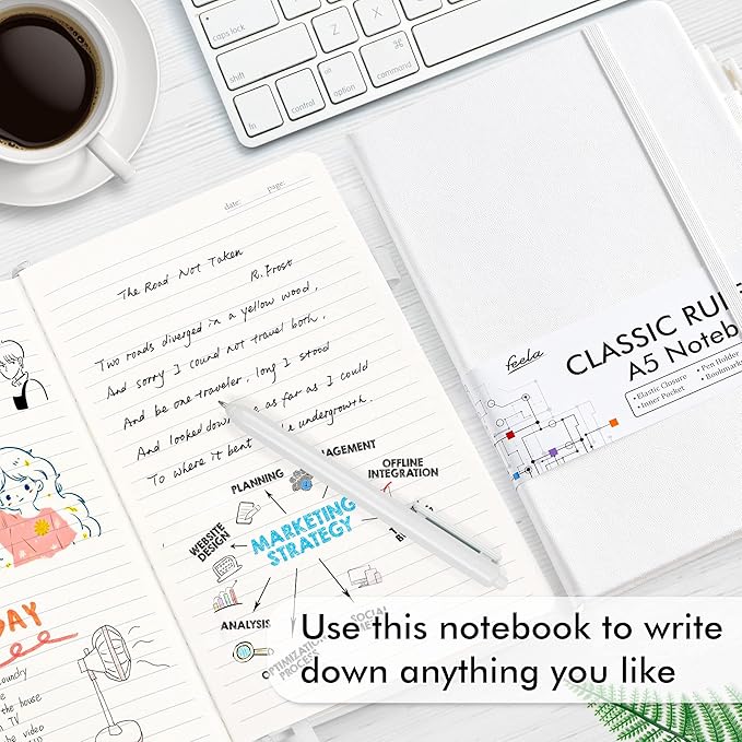 feela 12 Pack Notebooks Journals Bulk, Hardcover Notebook Classic Ruled Lined Journals with Pen Holder for Women Girls School Business Supplies, with 12 Black Pens, 120 GSM, 5.1”x8.3”, A5, White